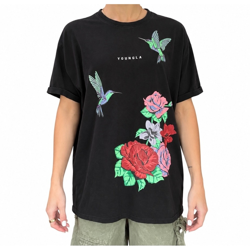 YoungLA Mens Hummingbird Rose Graphic Tee Shirt Black Oversized
